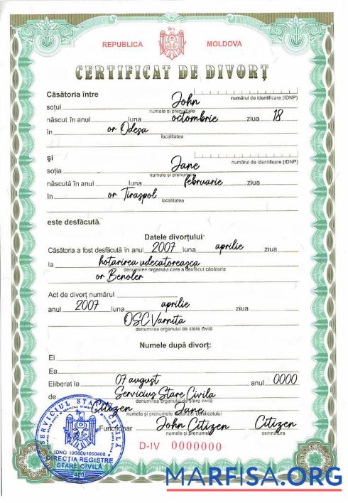 Downloadable Moldova vital record divorce certificate sample
